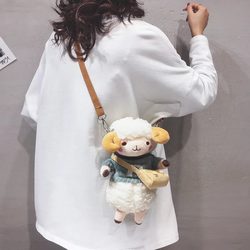Little Sheep plush crossbody bag in blue with square shape and lamb pattern