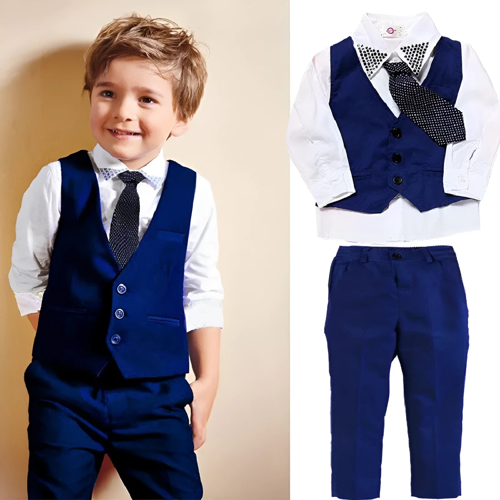 Blue boys' casual suit set with turtleneck, vest, tie, and trousers for toddlers