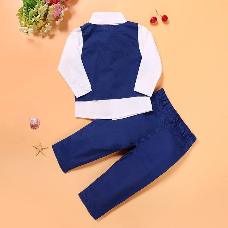 Blue boys' casual suit set with turtleneck, vest, tie, and trousers for toddlers