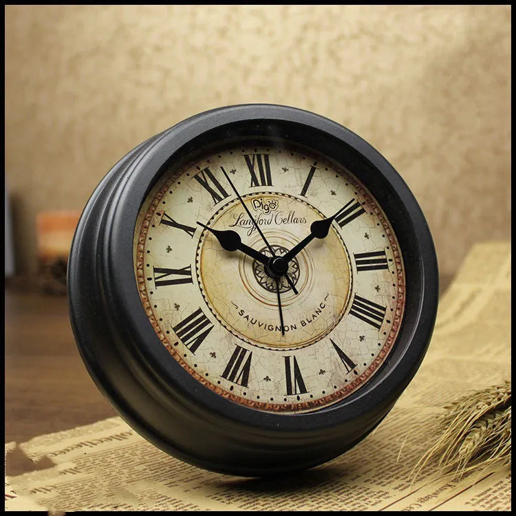 Round retro European style desk clock with silent sweep movement and 6 inch diameter face.