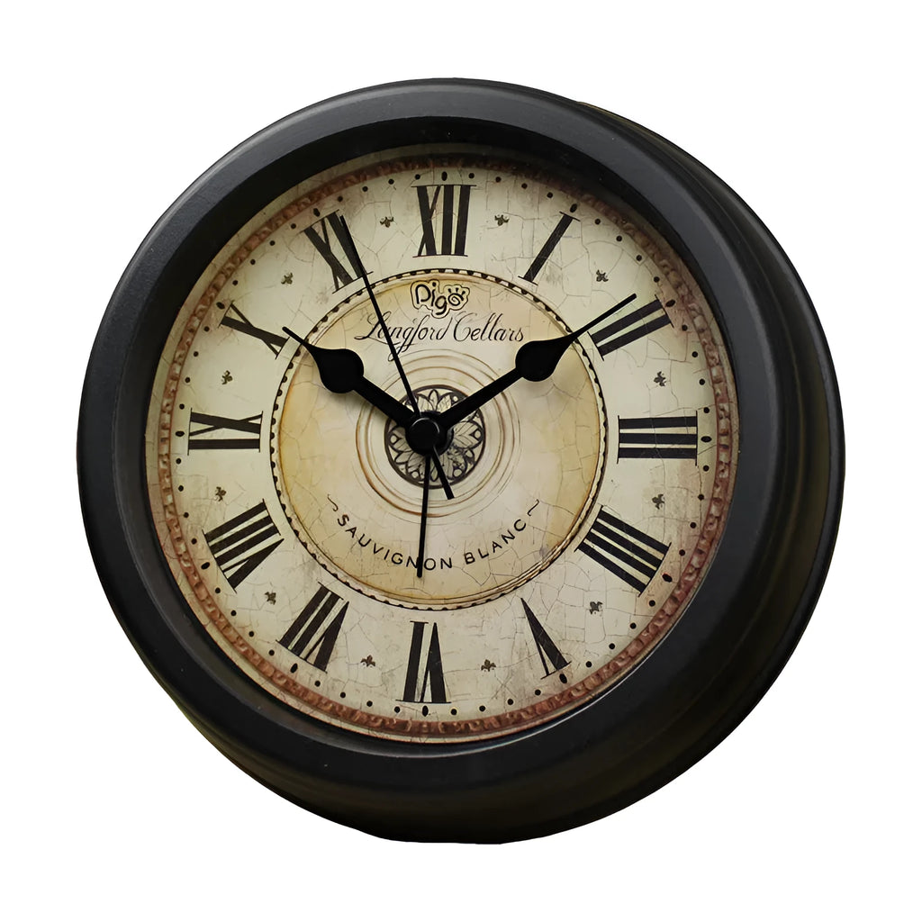 Round retro European style desk clock with silent sweep movement and 6 inch diameter face.