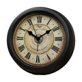 Round retro European style desk clock with silent sweep movement and 6 inch diameter face.