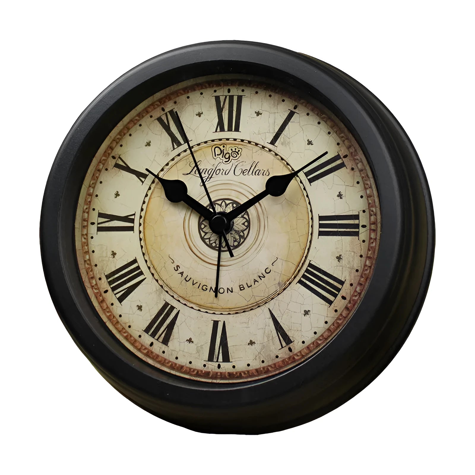 Round retro European style desk clock with silent sweep movement and 6 inch diameter face.