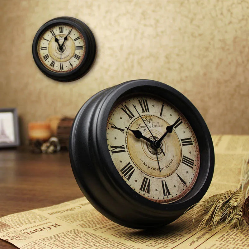 Round retro European style desk clock with silent sweep movement and 6 inch diameter face.