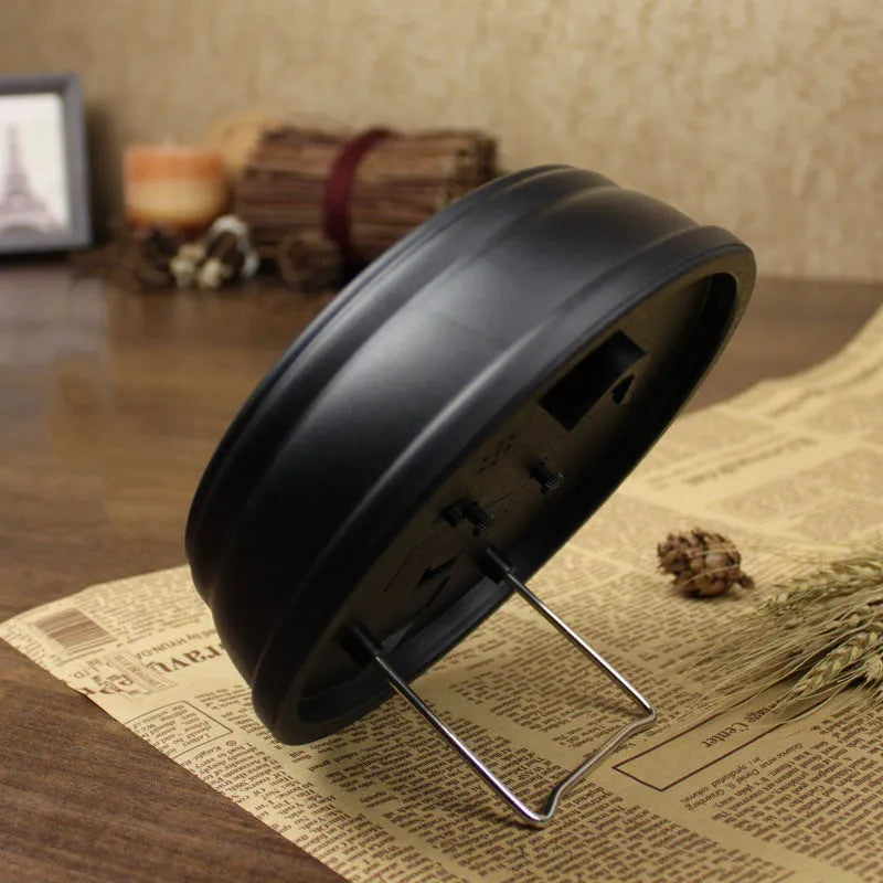 Round retro European style desk clock with silent sweep movement and 6 inch diameter face.