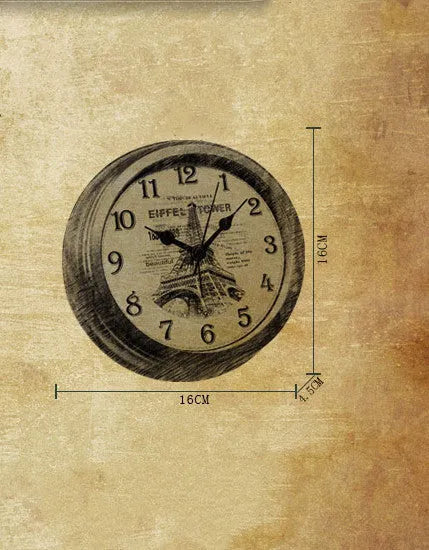 Round retro European style desk clock with silent sweep movement and 6 inch diameter face.