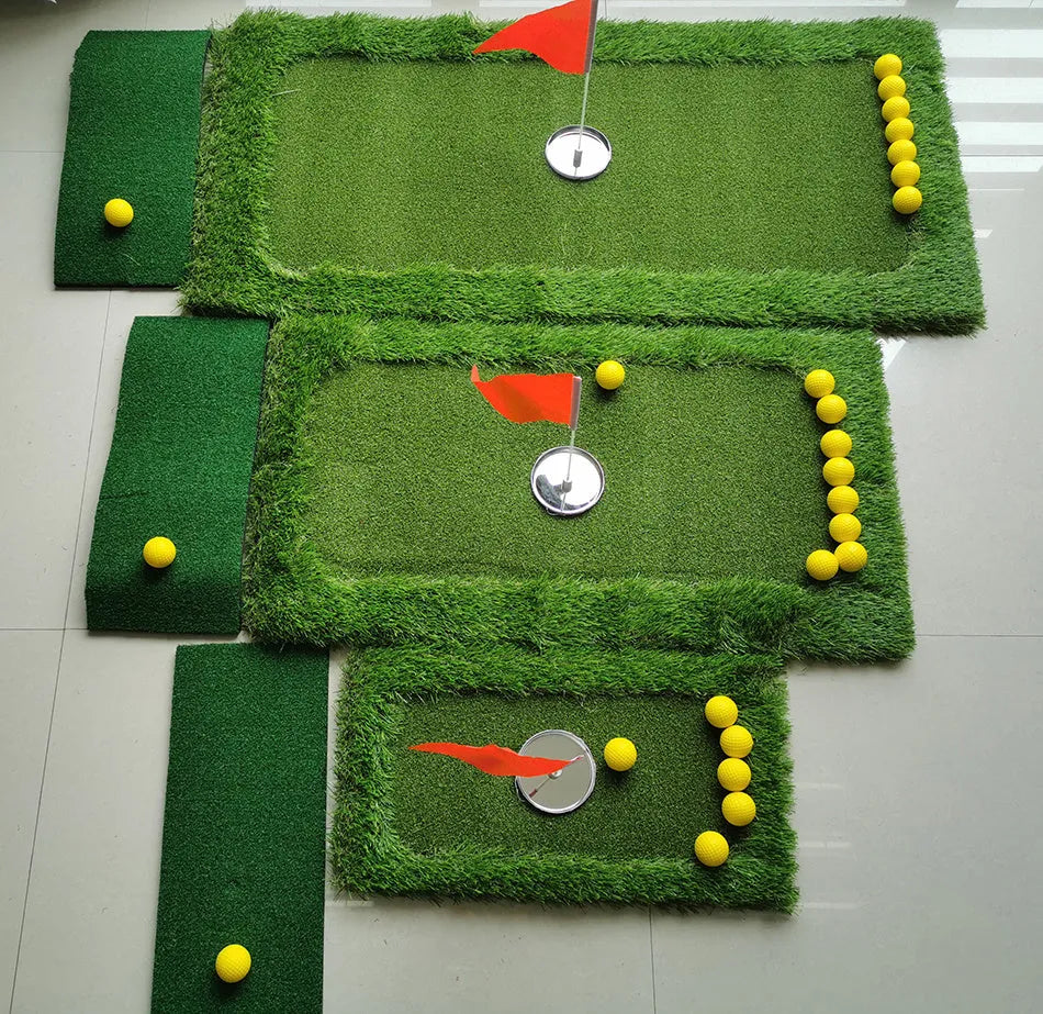 Green rectangular golf training mat with PP artificial grass turf on a cushioned EVA foam base.