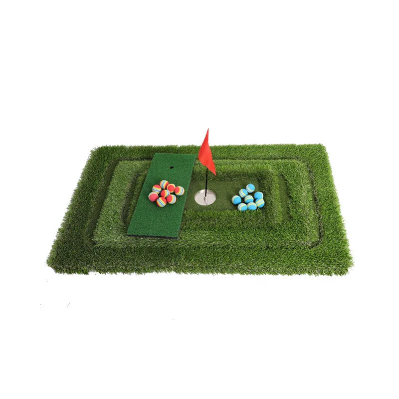 Green rectangular golf training mat with PP artificial grass turf on a cushioned EVA foam base.