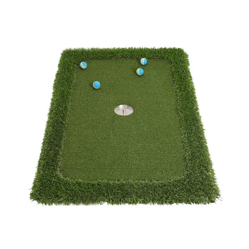 Green rectangular golf training mat with PP artificial grass turf on a cushioned EVA foam base.