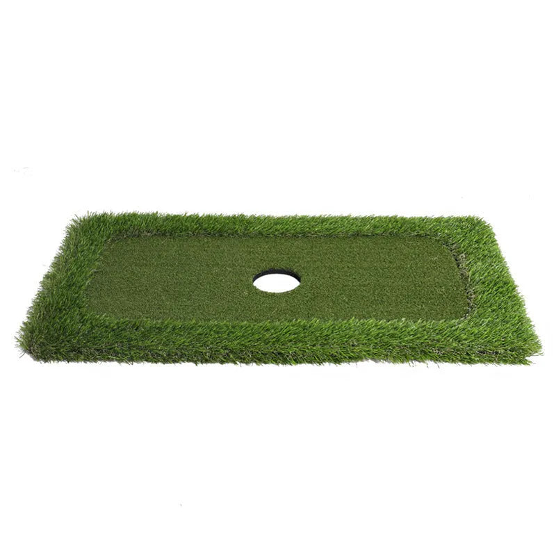 Green rectangular golf training mat with PP artificial grass turf on a cushioned EVA foam base.