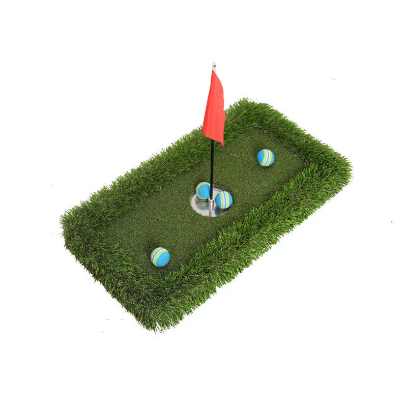 Green rectangular golf training mat with PP artificial grass turf on a cushioned EVA foam base.