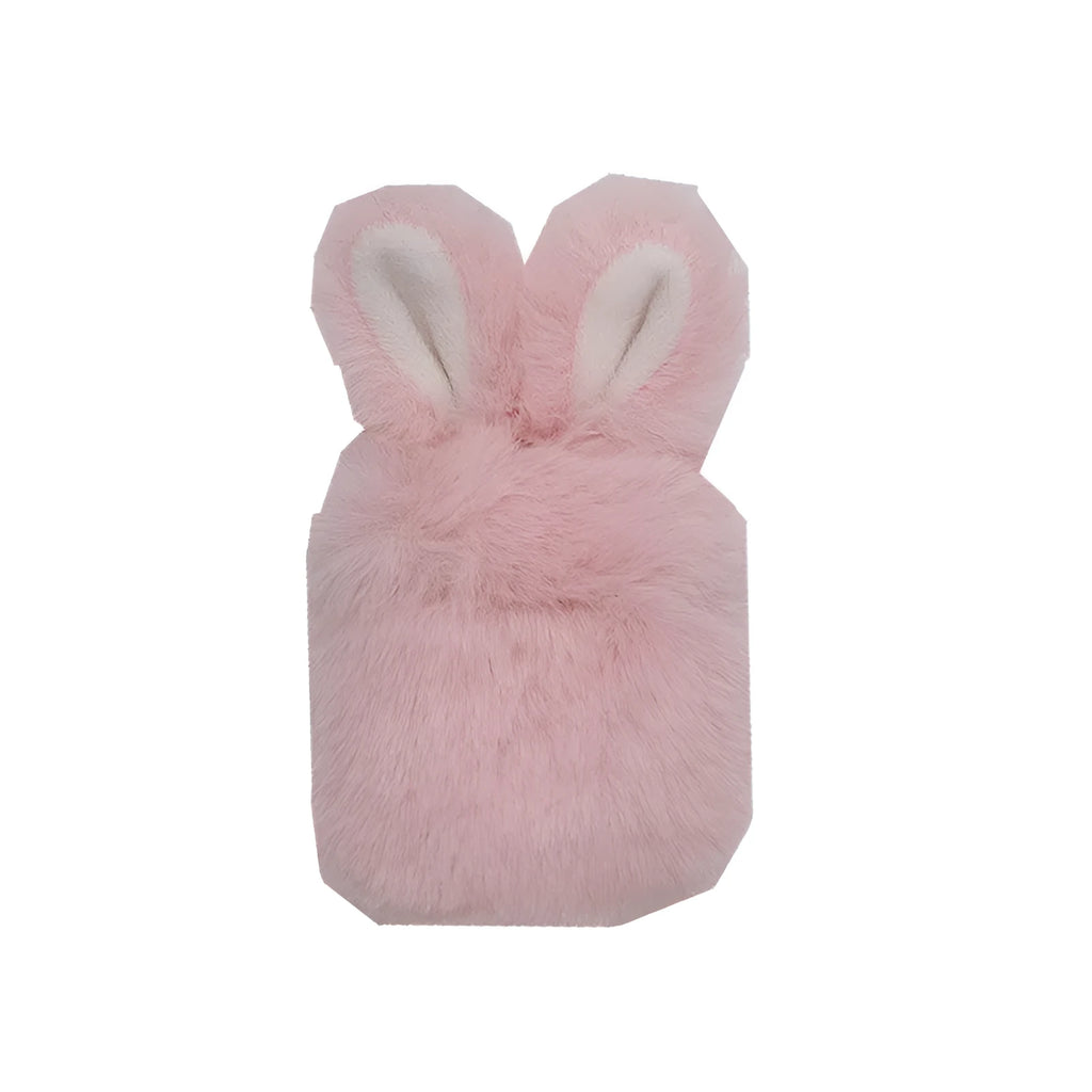 Pink soft silicone AirPods Pro cover with grey plush rabbit ears attached on a white background.