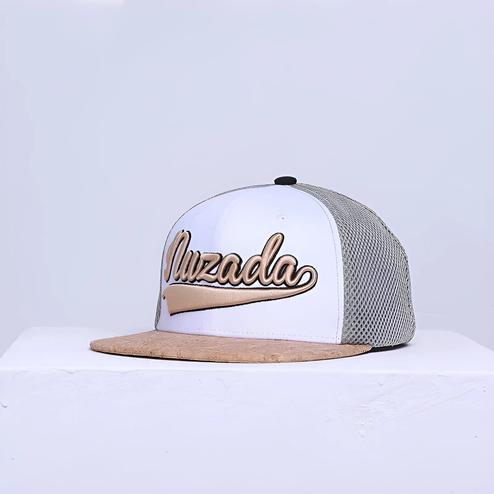 White mesh baseball cap with cotton twill, adjustable strap, and big brim for sun protection