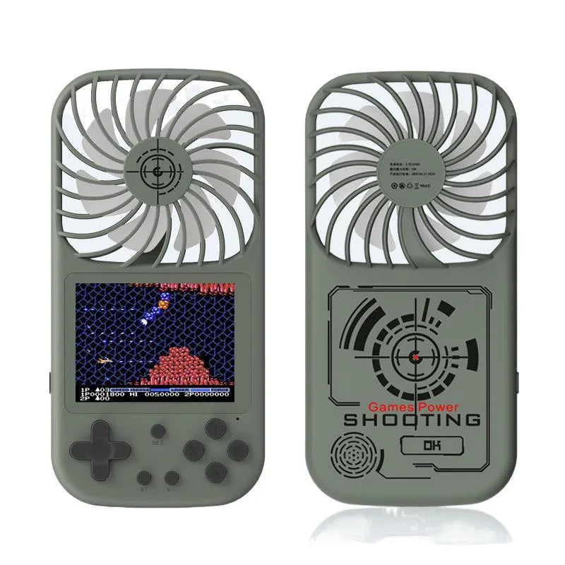 Mini handheld game console with built-in fan, 2.8-inch screen, in Dark Green colour with trendy printed back