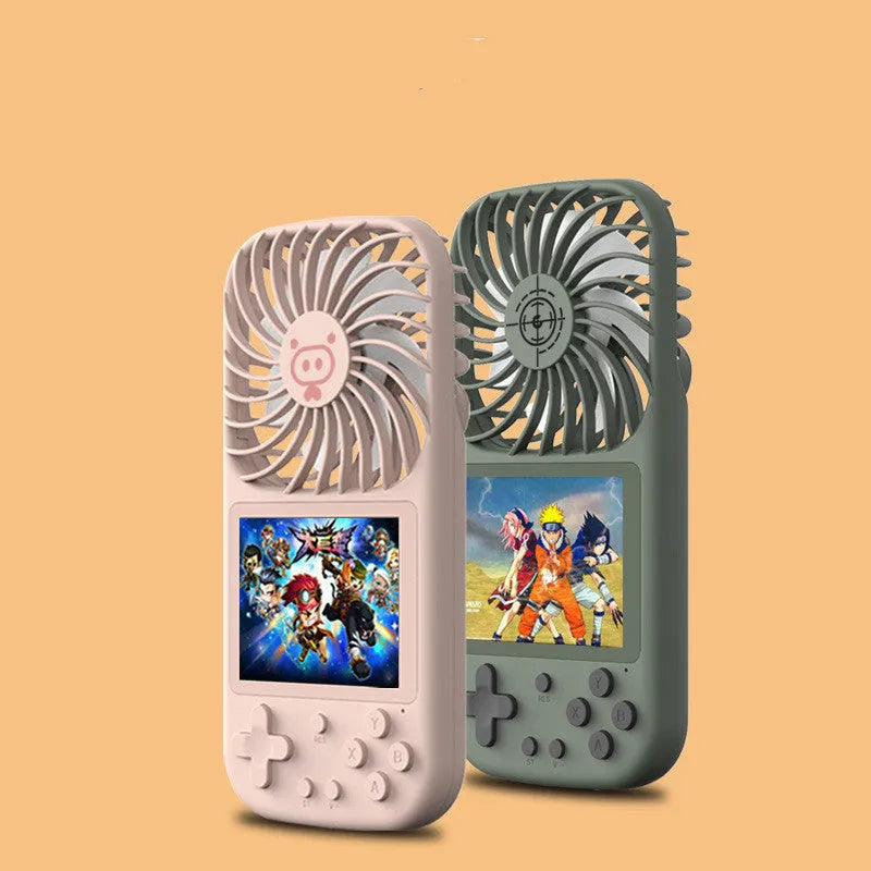 Mini handheld game console with built-in fan, 2.8-inch screen, in Dark Green colour with trendy printed back