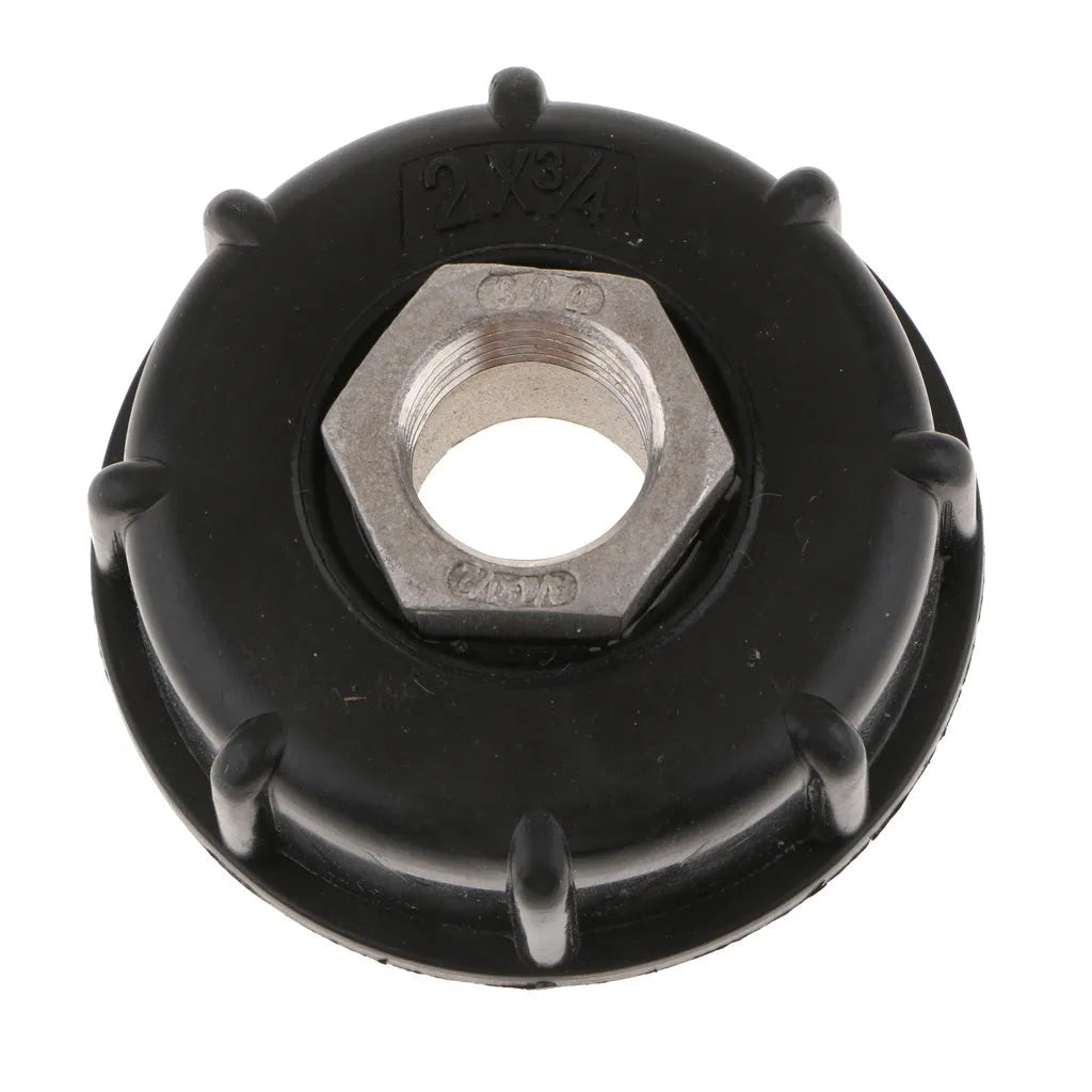 Black industrial barrel connector with long stainless steel thread for chemical and urea ton barrels