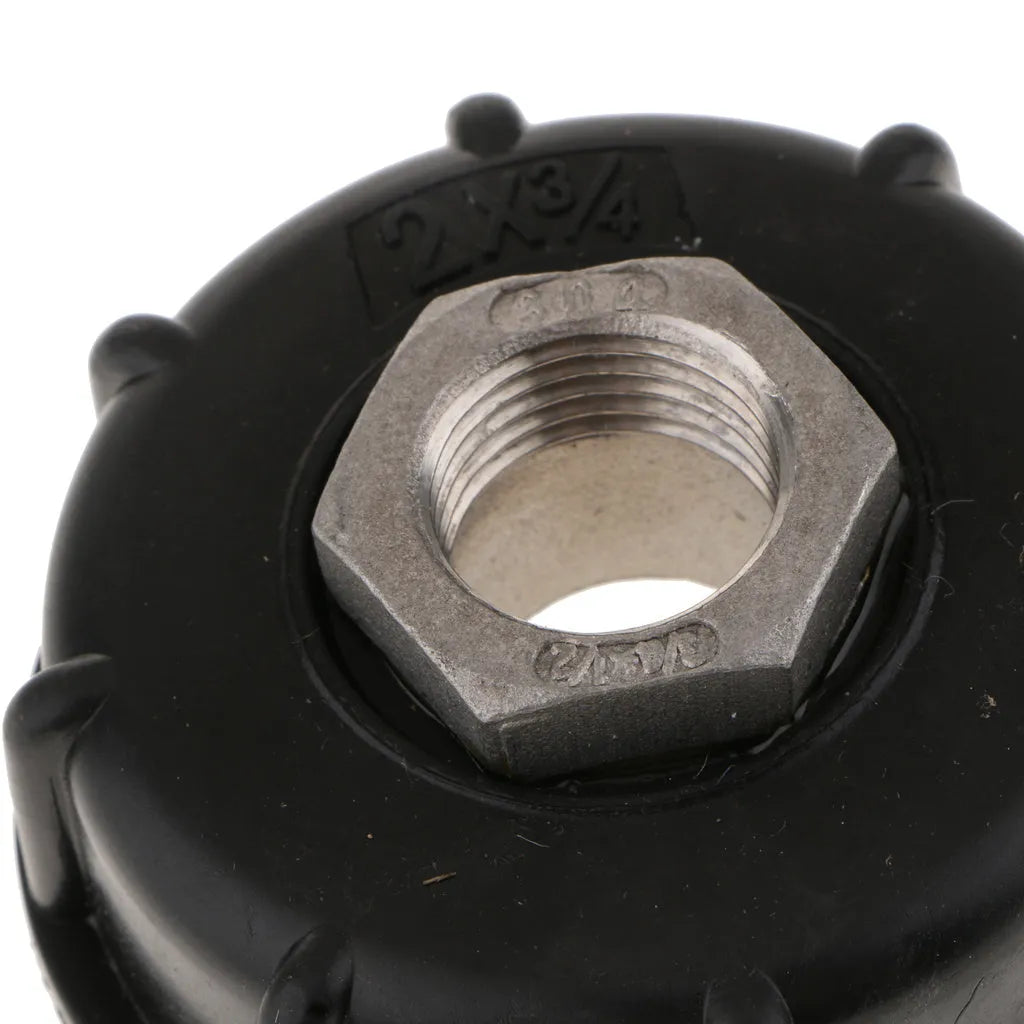 Black industrial barrel connector with long stainless steel thread for chemical and urea ton barrels