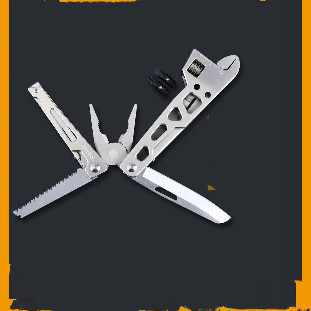 White stainless steel multi-function tool with wrench, knife, and needle-nose pliers