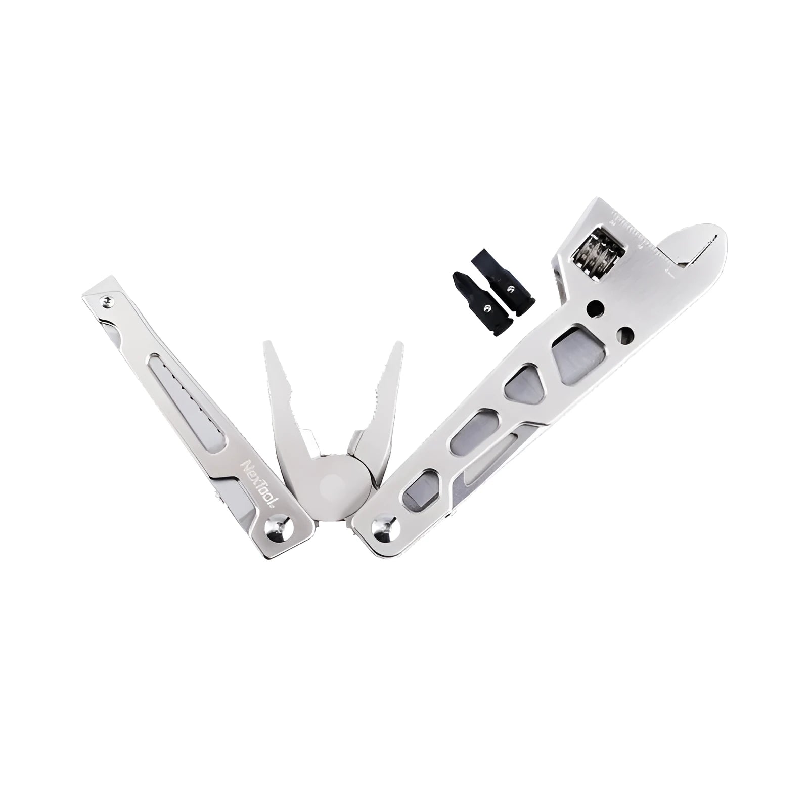 White stainless steel multi-function tool with wrench, knife, and needle-nose pliers