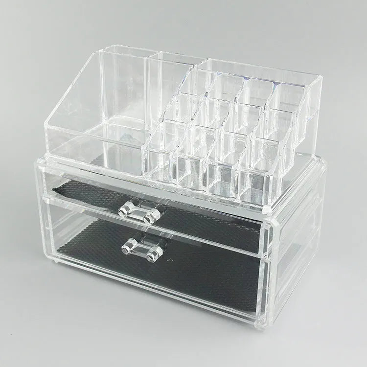 Clear acrylic foldable makeup storage case showing transparent 18-litre cosmetic organiser