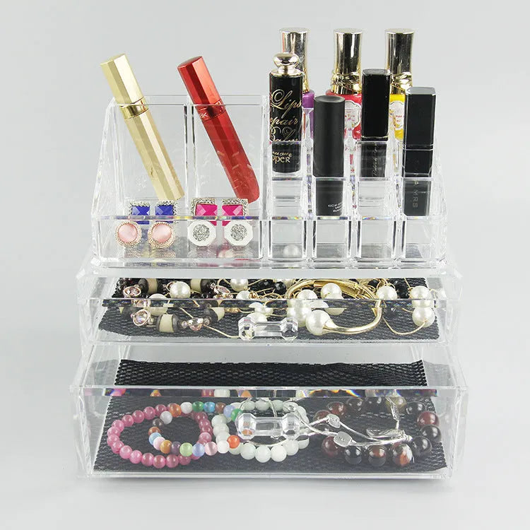 Clear acrylic foldable makeup storage case showing transparent 18-litre cosmetic organiser