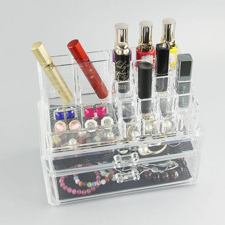 Clear acrylic foldable makeup storage case showing transparent 18-litre cosmetic organiser