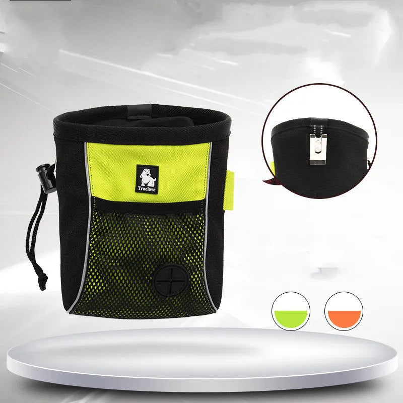 True Love brand dog training waist bag in orange with removable rubbish bag, shown on a waist