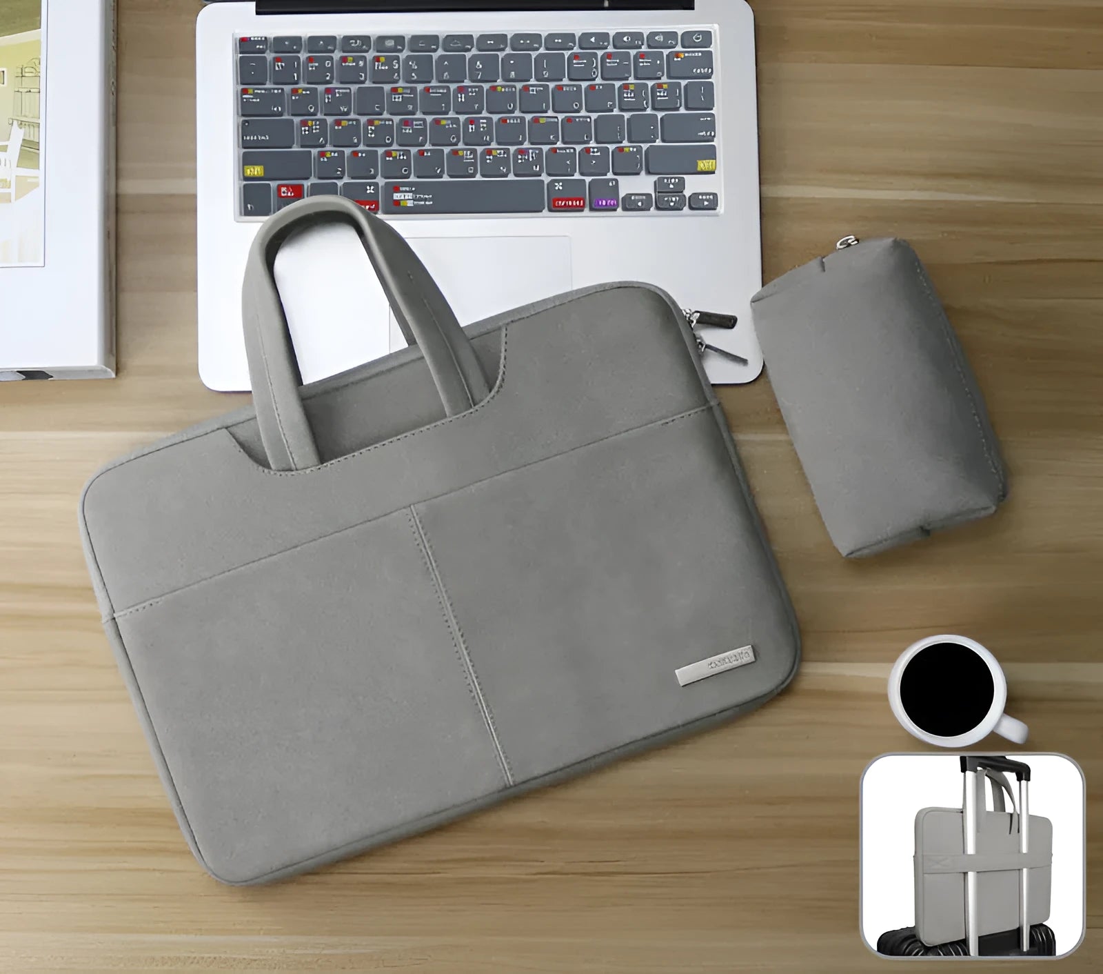 Blue PU leather laptop bag with zipper open, showing internal shock-resistant liner and multiple organisation pockets.
