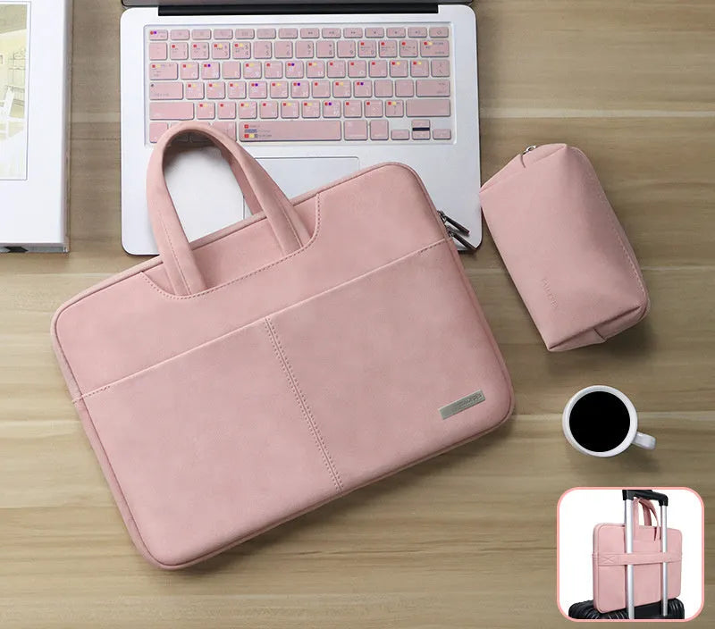 Blue PU leather laptop bag with zipper open, showing internal shock-resistant liner and multiple organisation pockets.
