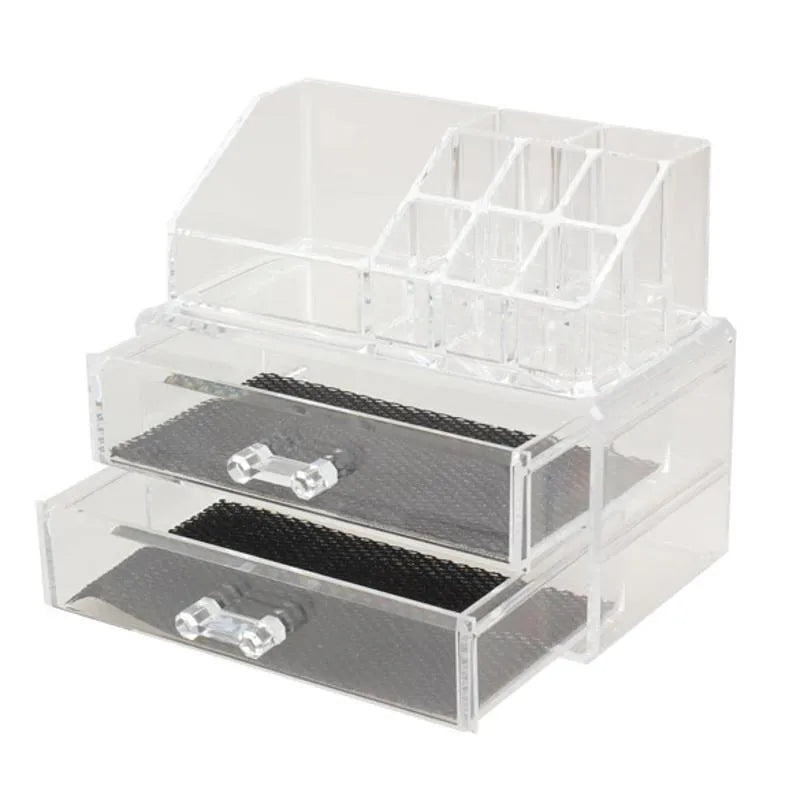 Clear acrylic foldable makeup storage case showing transparent 18-litre cosmetic organiser