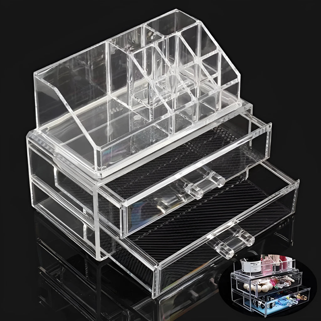 Clear acrylic foldable makeup storage case showing transparent 18-litre cosmetic organiser