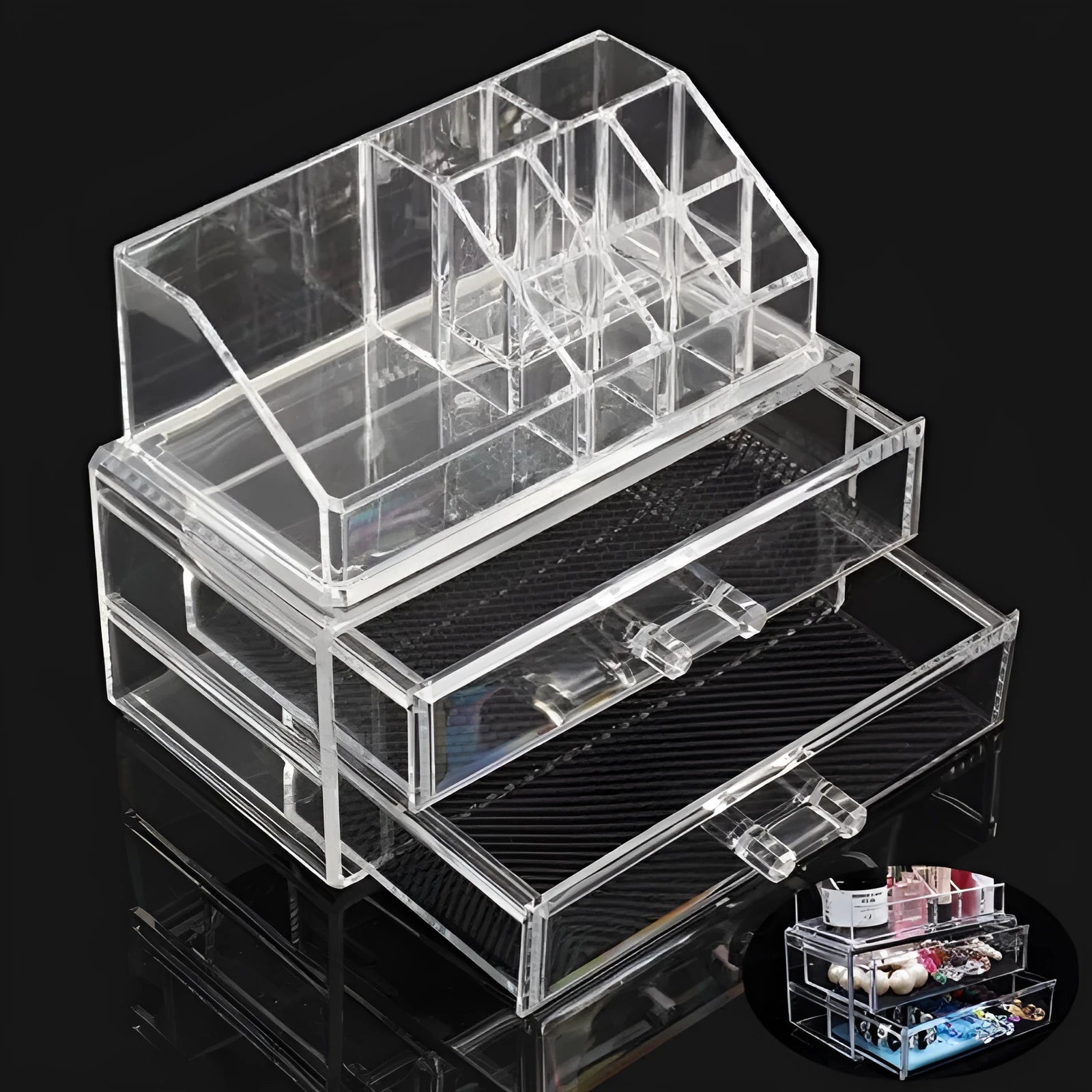 Clear acrylic foldable makeup storage case showing transparent 18-litre cosmetic organiser
