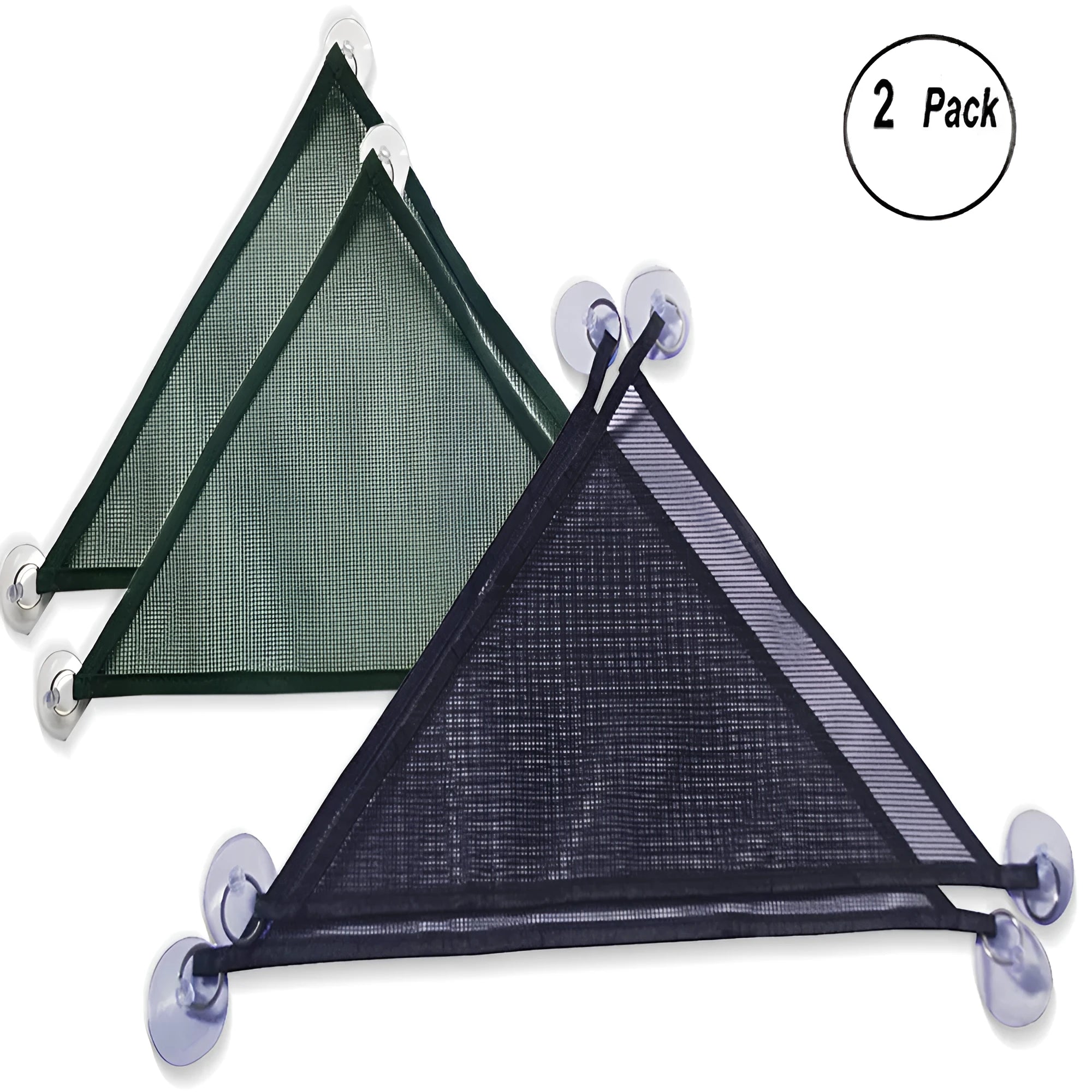 Two reptile hammocks with suction cups in black and green, small and large sizes on glass tank surface