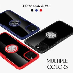 Black iPhone case with integrated car holder on the back, showing button cut-outs and PU leather texture.