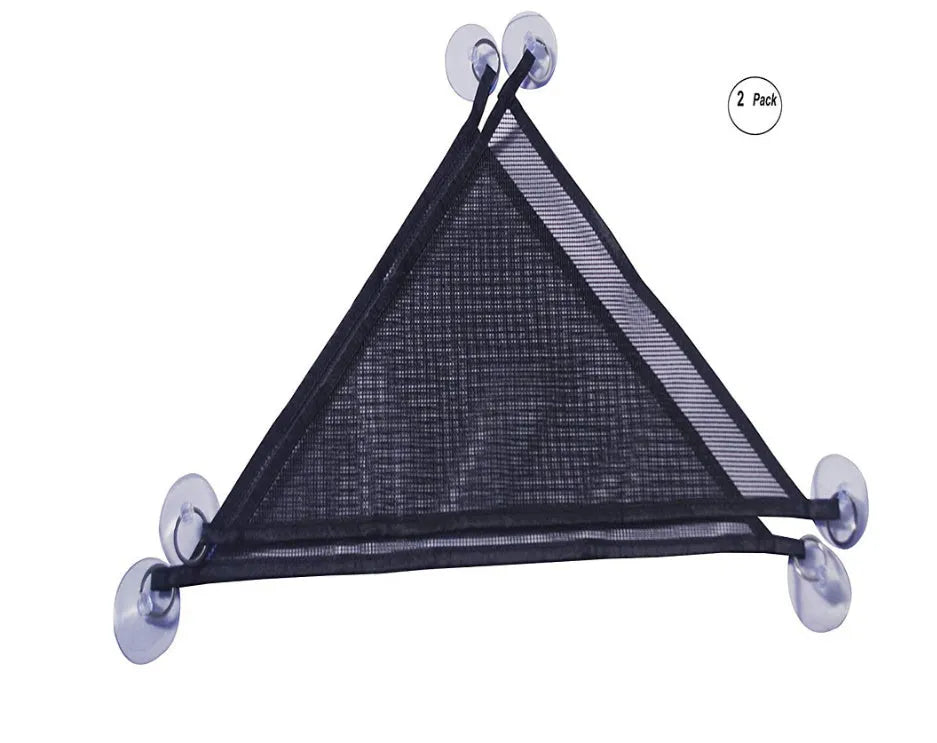 Two reptile hammocks with suction cups in black and green, small and large sizes on glass tank surface