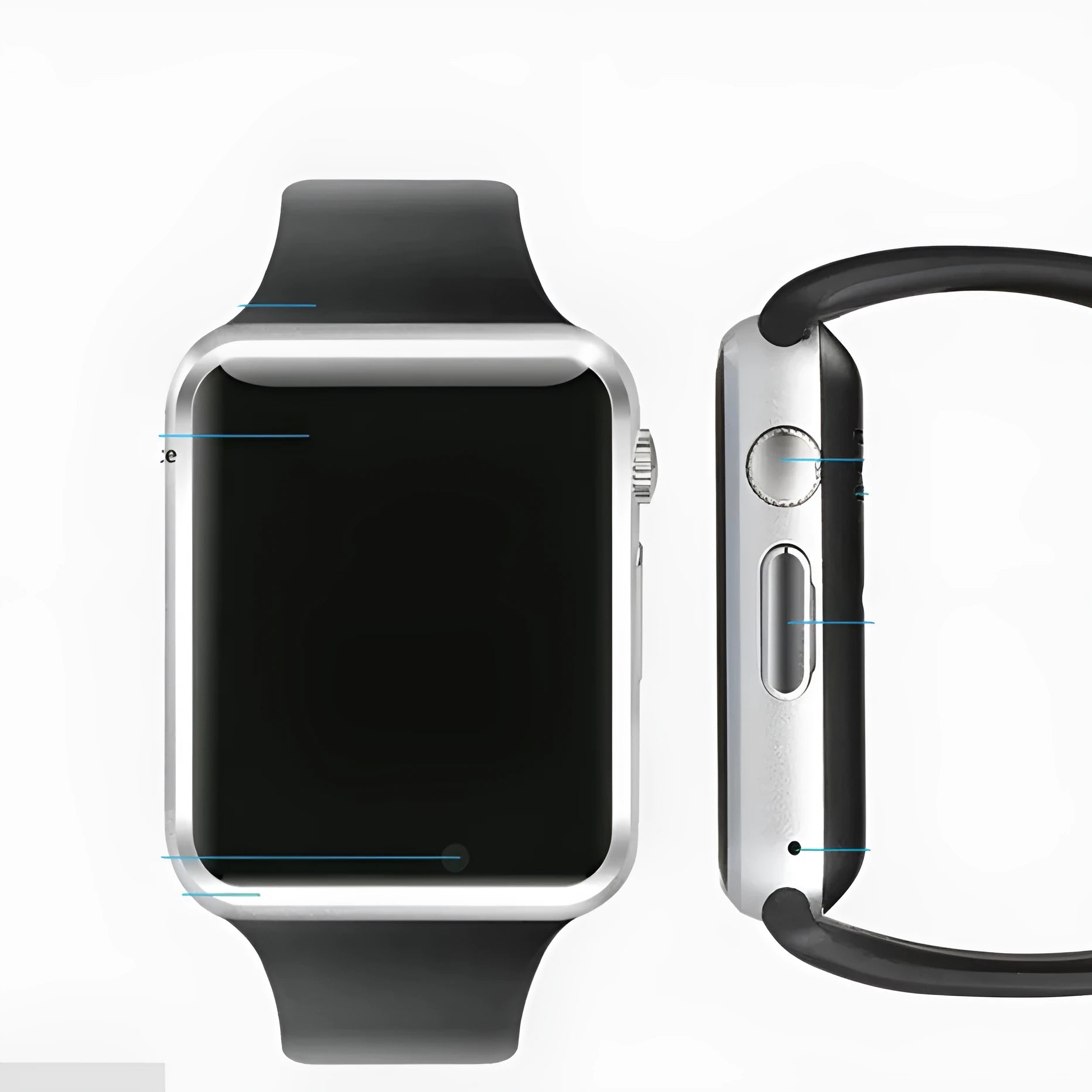 A1 Smart Watch in various colours showing GSM SIM slot, Bluetooth, and camera functionality for Android