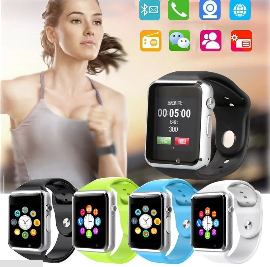 A1 Smart Watch in various colours showing GSM SIM slot, Bluetooth, and camera functionality for Android