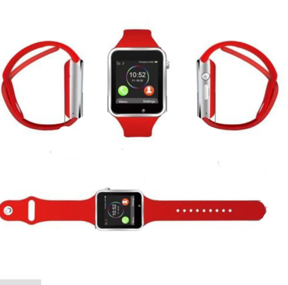 A1 Smart Watch in various colours showing GSM SIM slot, Bluetooth, and camera functionality for Android