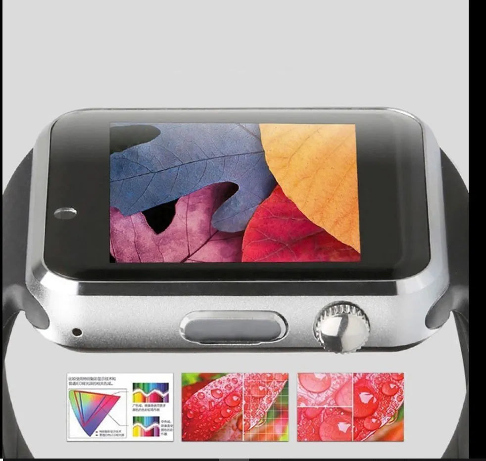 A1 Smart Watch in various colours showing GSM SIM slot, Bluetooth, and camera functionality for Android