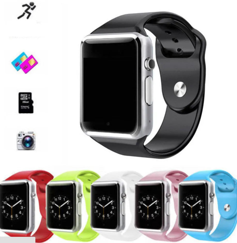 A1 Smart Watch in various colours showing GSM SIM slot, Bluetooth, and camera functionality for Android
