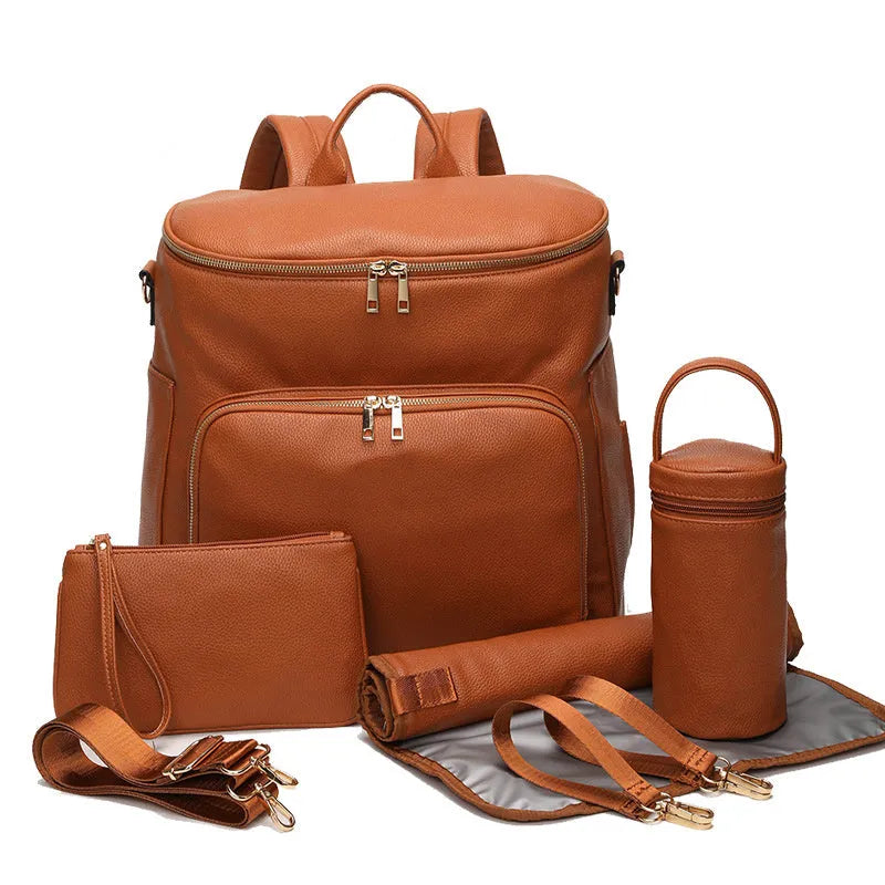 New Pu leather mommy bag large capacity 36-55L black brown backpack with stroller hooks and accessories