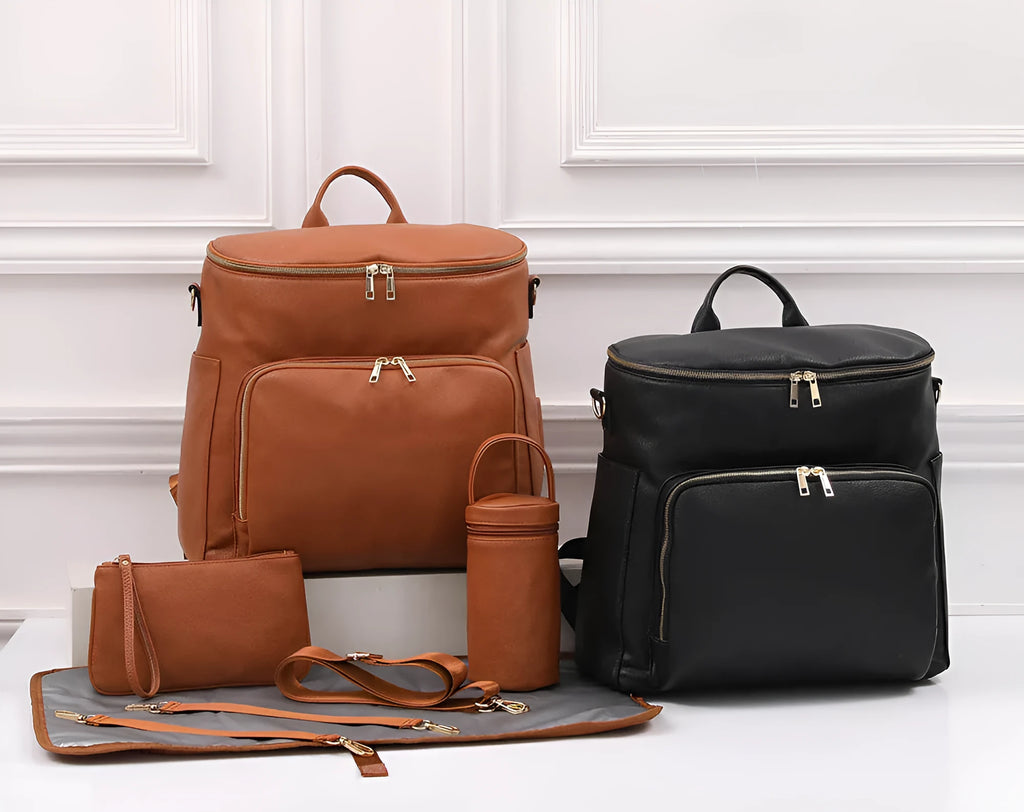 New Pu leather mommy bag large capacity 36-55L black brown backpack with stroller hooks and accessories