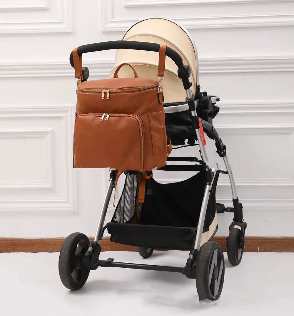 New Pu leather mommy bag large capacity 36-55L black brown backpack with stroller hooks and accessories