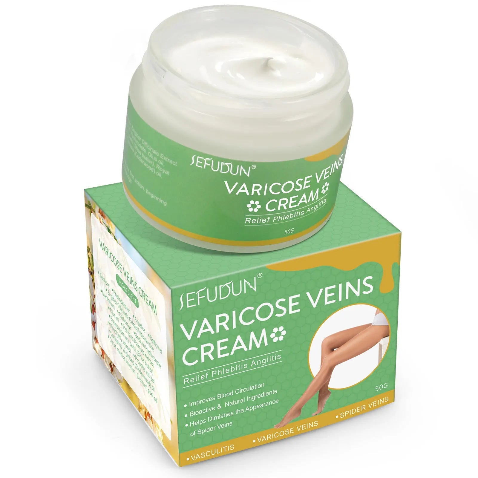 50g pot of vein cream with natural ingredients for varicose vein relief