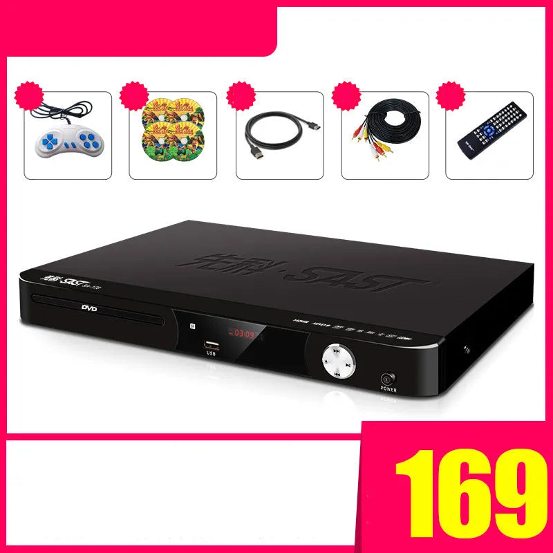 SAST Xianke SA208 DVD player with tray-type disc slot and USB port on front panel