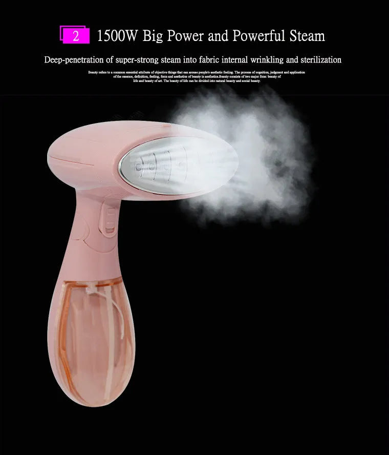 Pink-handled Sokany steam ironing brush with EU plug for clothing wrinkle removal