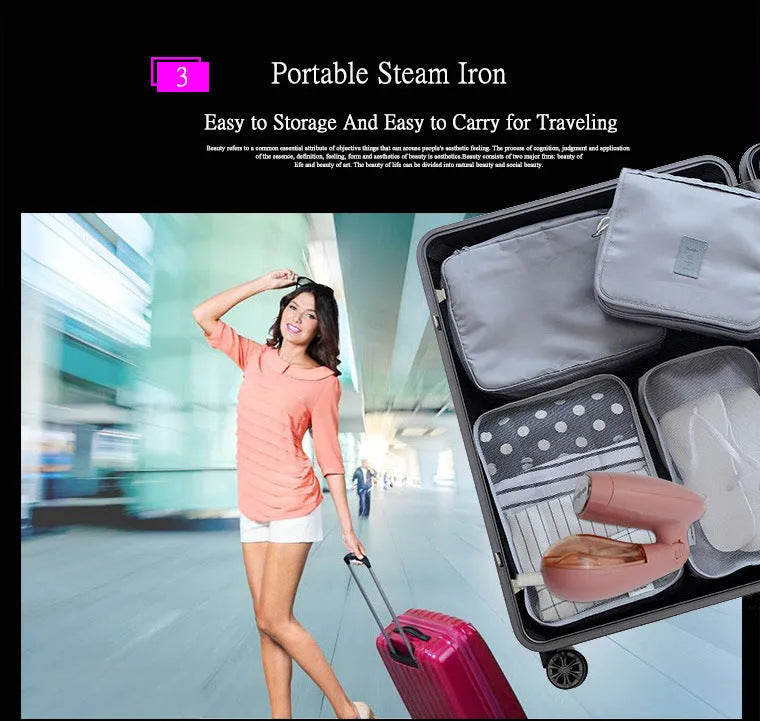 Pink-handled Sokany steam ironing brush with EU plug for clothing wrinkle removal
