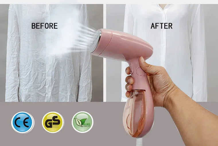 Pink-handled Sokany steam ironing brush with EU plug for clothing wrinkle removal