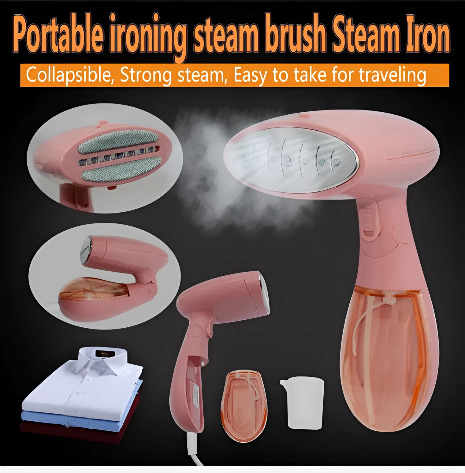 Pink-handled Sokany steam ironing brush with EU plug for clothing wrinkle removal