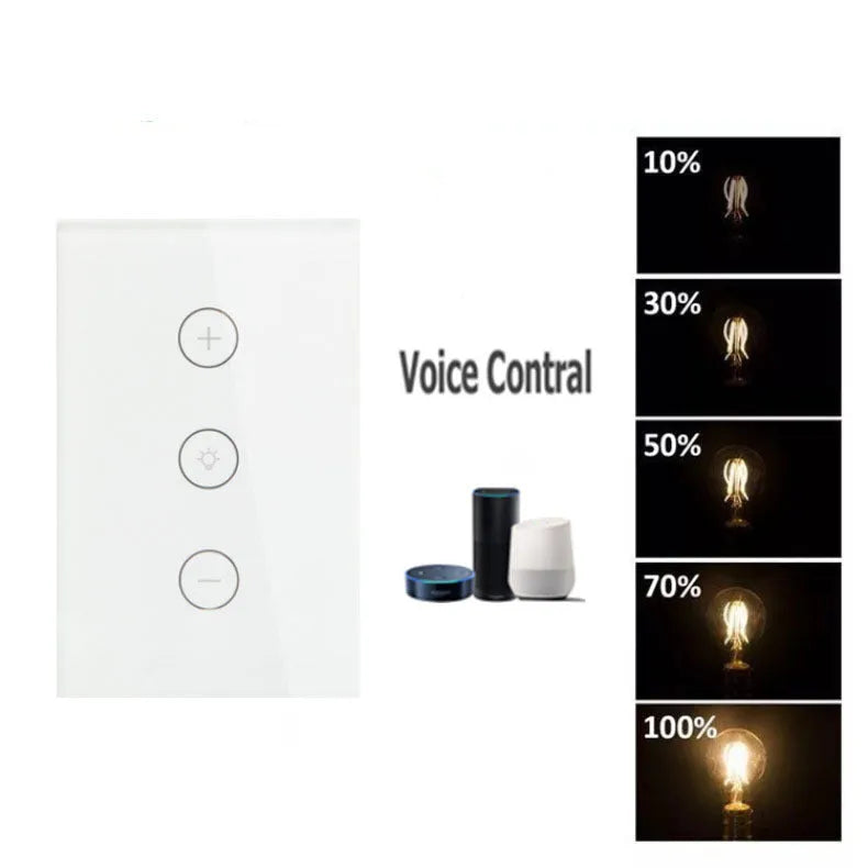 120-type smart dimmer switch with glass touch panel in black or white, showing WiFi and Alexa compatibility labels